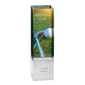 Exklusive Glastrophie mit Aluminiumsockel mit Kombination Farbdruck auf Glas + Metallgravur auf Sockel (Standardprogramm)